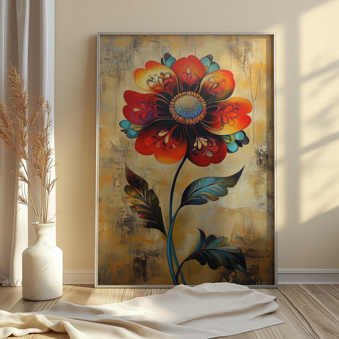 Ornamental Red Orange Flower Teal Leaves Warm Tan Floral Poster - Image 4