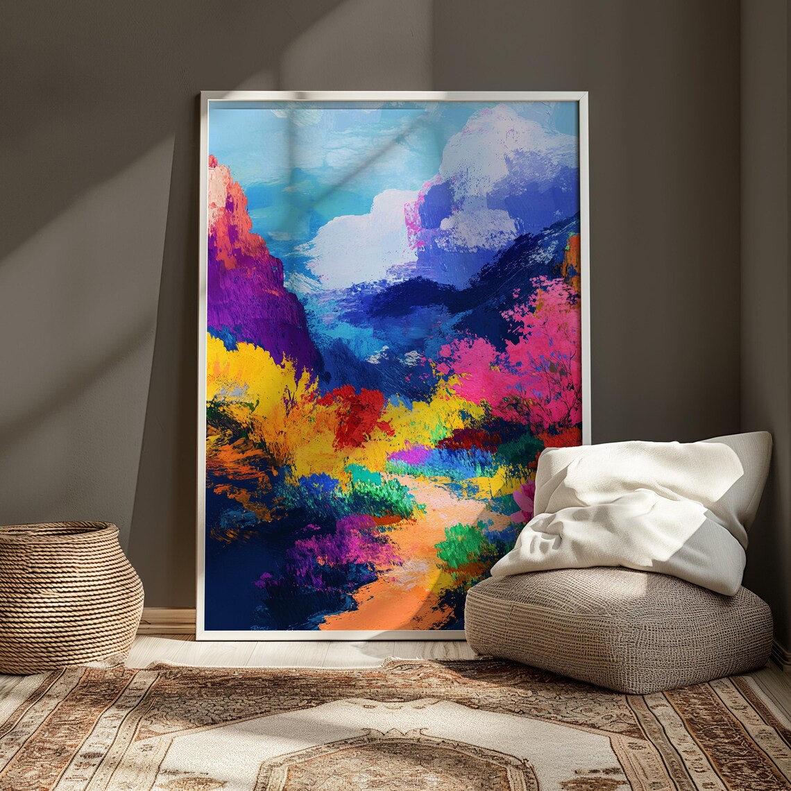 Dramatic Colorful Canyon Purple Cliffs Pink Bushes Cloudy Turquoise Sky Poster - Image 3