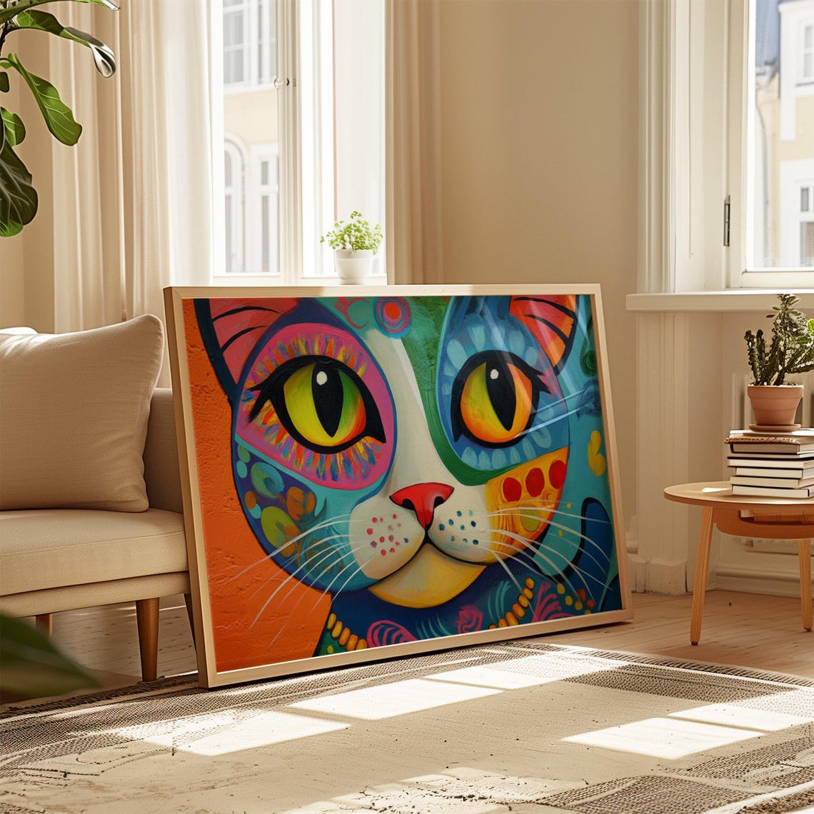 Whimsical Cat Huge Yellow Green Eyes Pink Blue Split Pattern Poster - Image 4