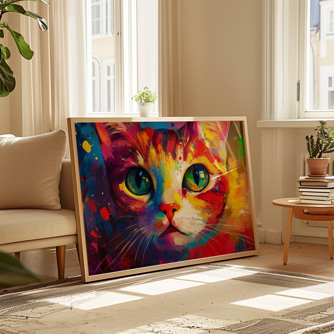 Rainbow Painted Cat Face Close Up Big Teal Eyes Bold Brushstroke Poster - Image 4