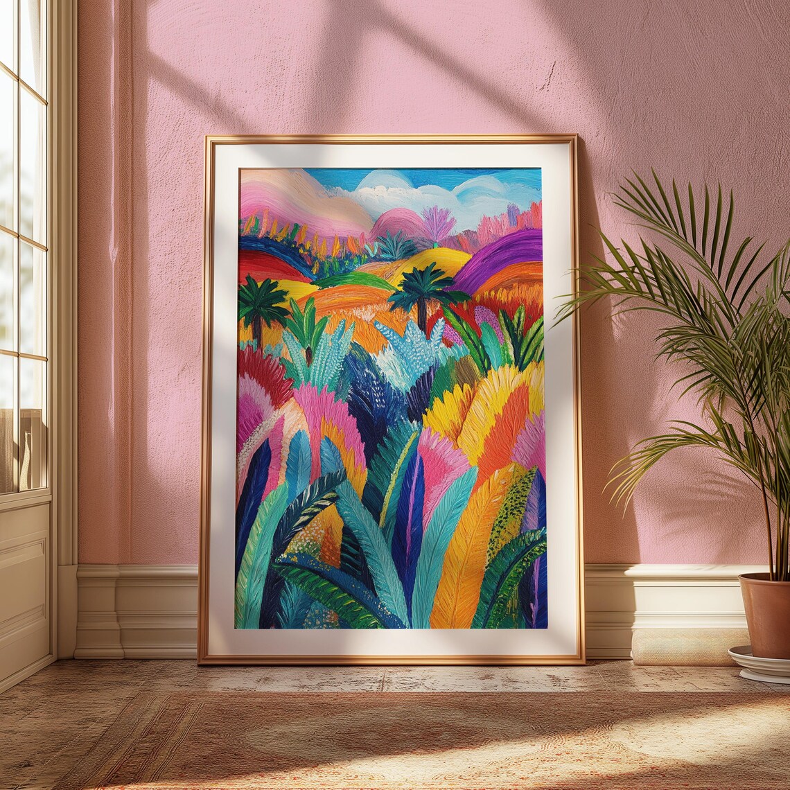 Vibrant Tropical Palm Hills Jungle Foliage Landscape Painting Poster - Image 2