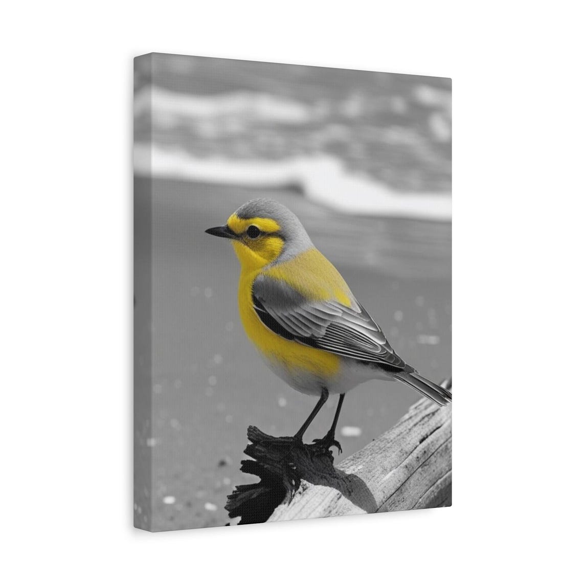 Yellow Bird On Driftwood Poster Selective Color Beach Photography Art