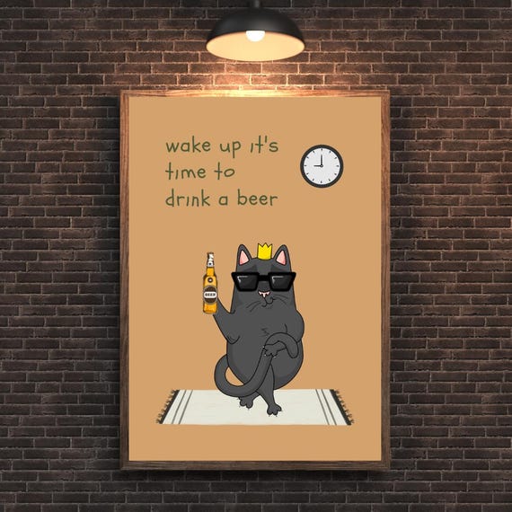 Funny Beer Cat Wall Art Black With Sunglasses Drinking Poster For Kitchen Bar Cart Or Man Cave Decor