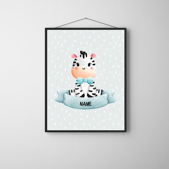 Personalized Baby Zebra Name Poster Watercolor Nursery Cute Animal