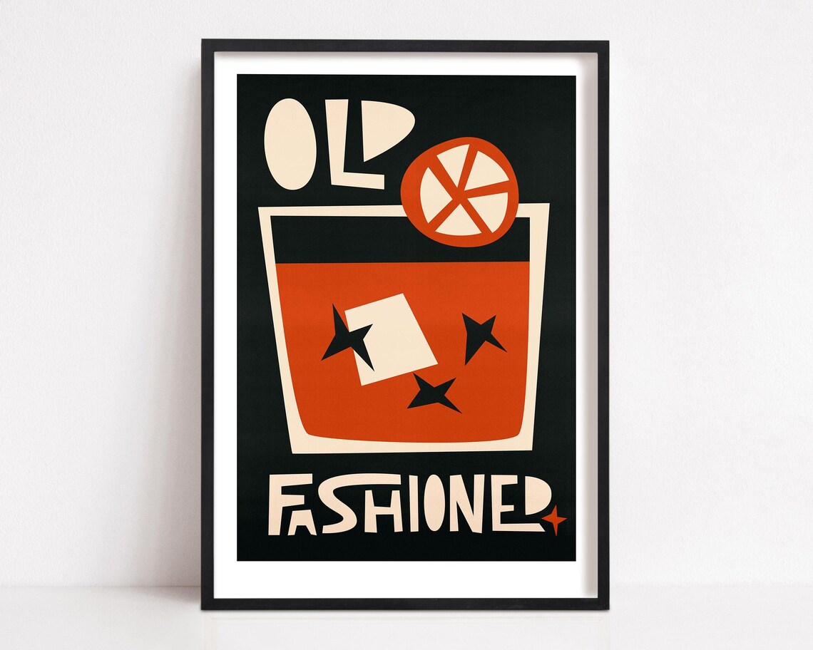 Old Fashioned Cocktail Retro Black Orange Geometric Bar Decor Poster
