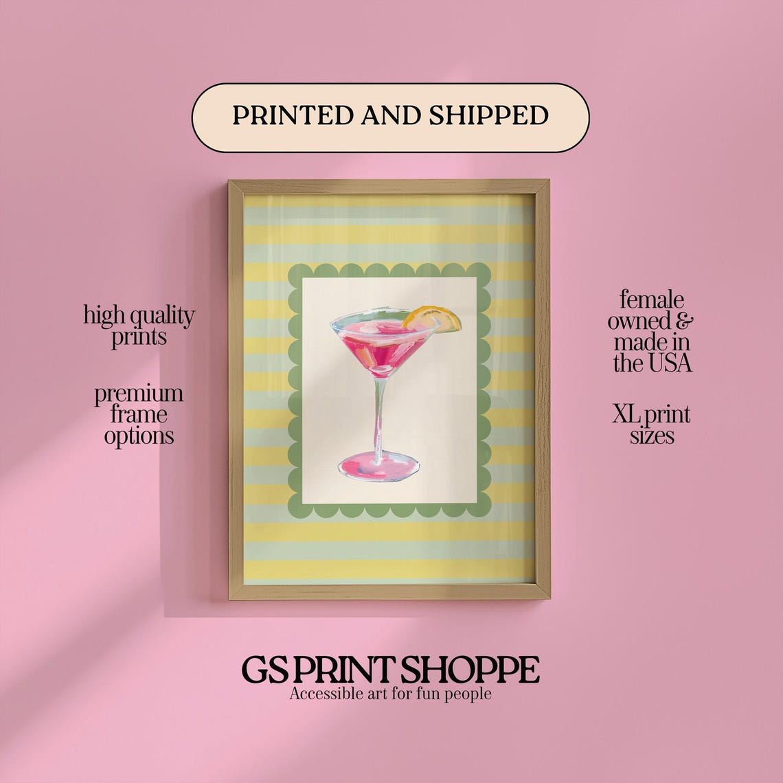 Pink Cosmo Cocktail Scalloped Frame Striped Martini Bar Wall Art