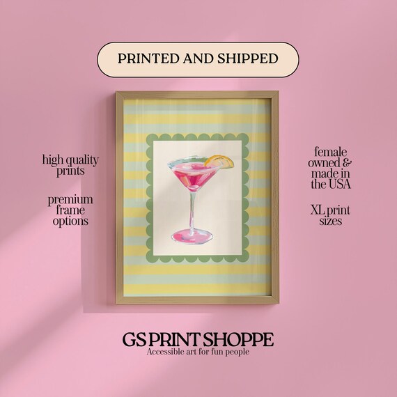 Pink Cosmo Cocktail Scalloped Frame Striped Martini Bar Wall Art