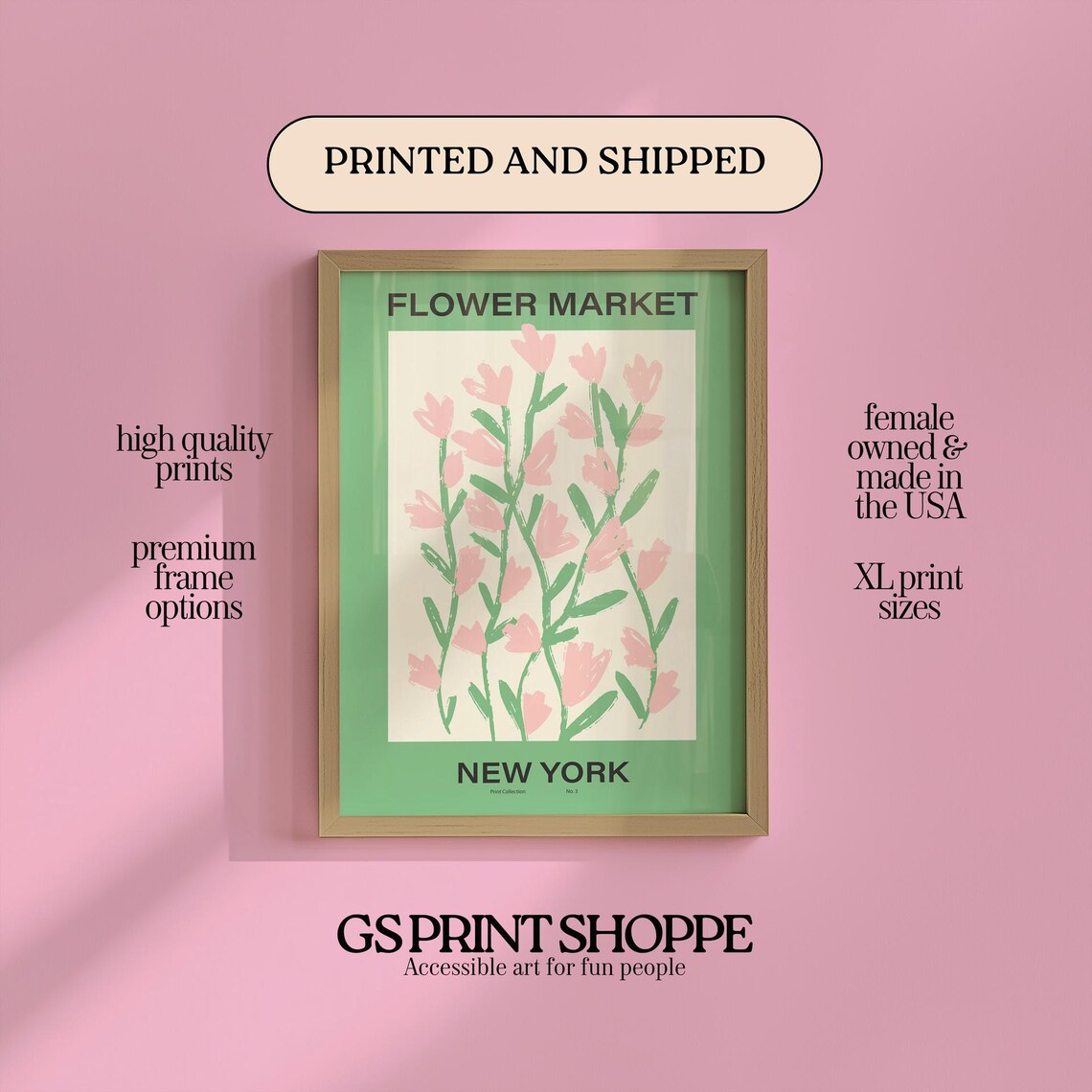 Flower Market New York Pink Blossoms Sage Green Botanical Poster