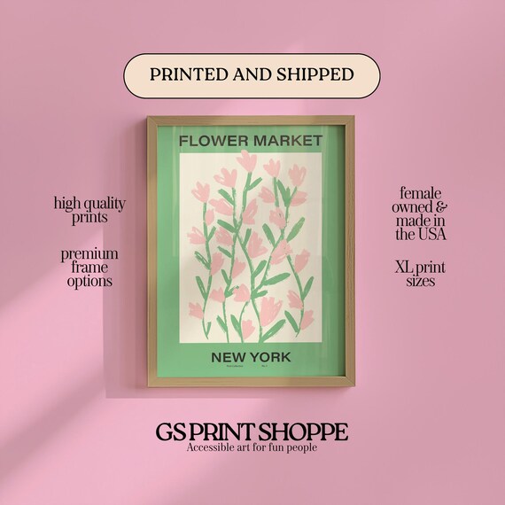 Flower Market New York Pink Blossoms Sage Green Botanical Poster
