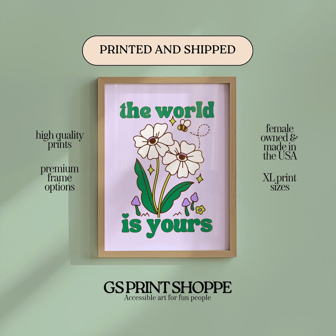 The World Is Yours Retro Daisy Bee Green Groovy Quote Art Poster