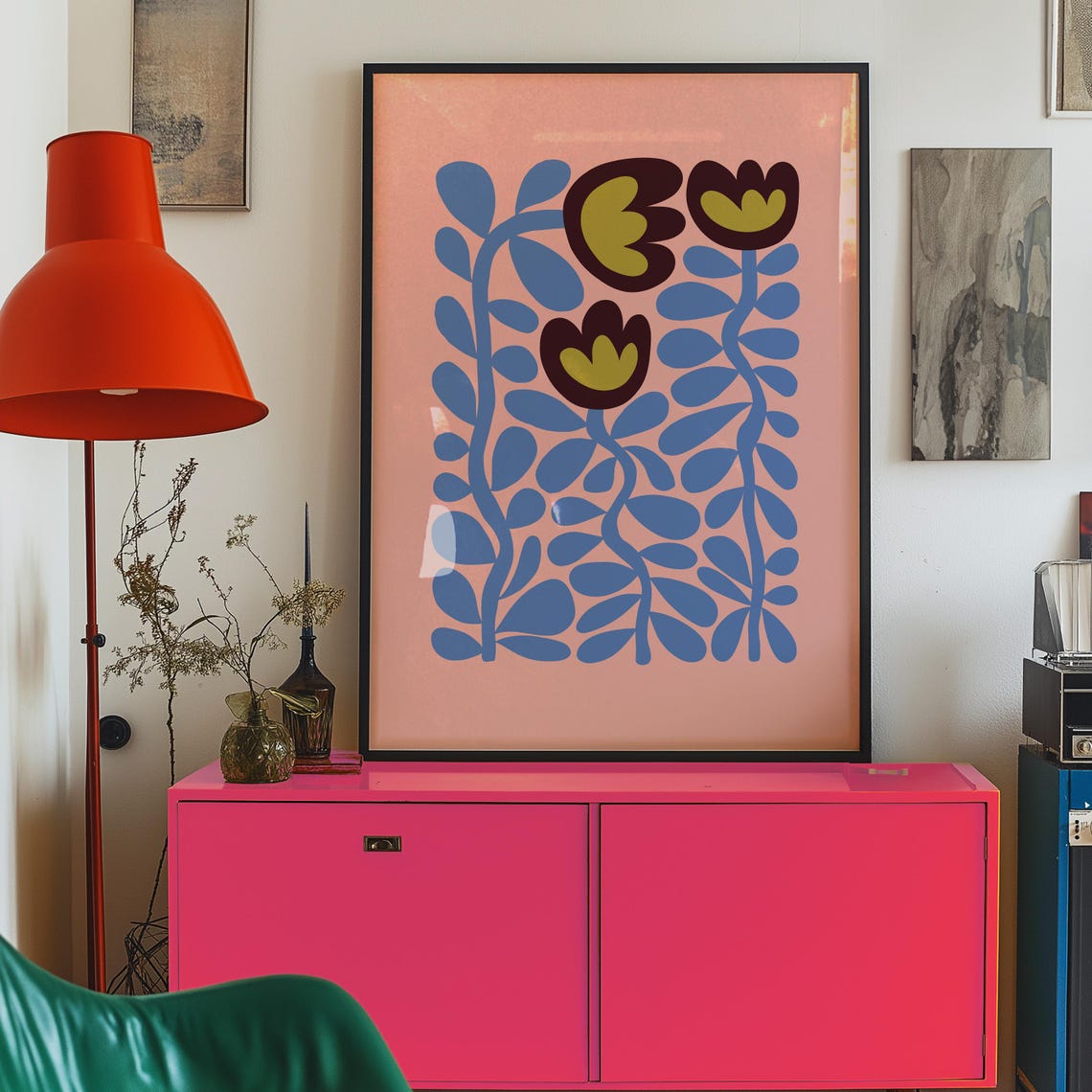 Retro 70s Maximalist Abstract Roses Red Blue Groovy Floral Art Poster