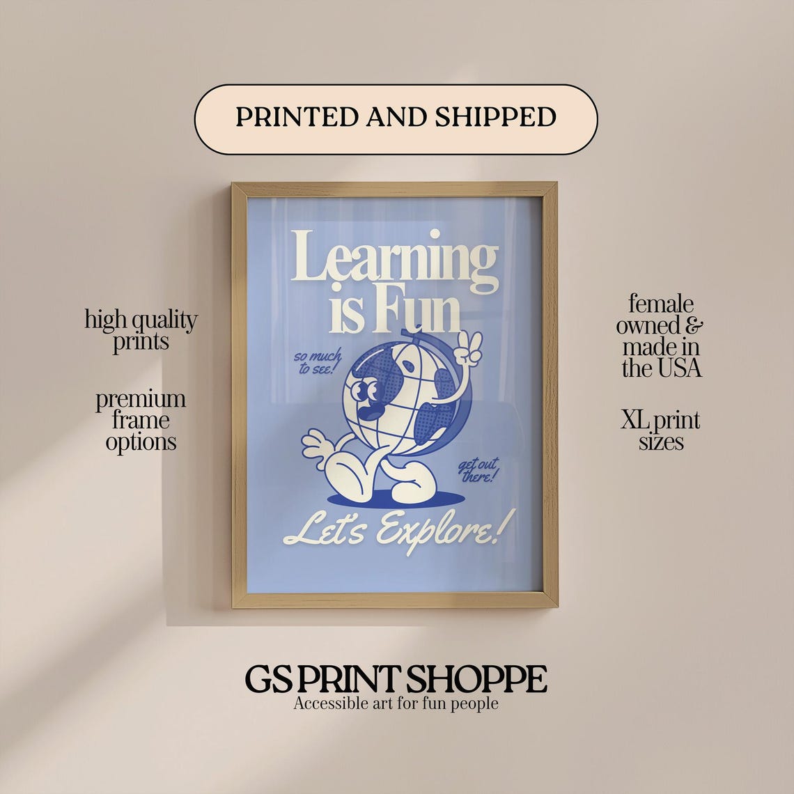 Learning Is Fun Retro Globe Mascot Lets Explore Kids Classroom Poster