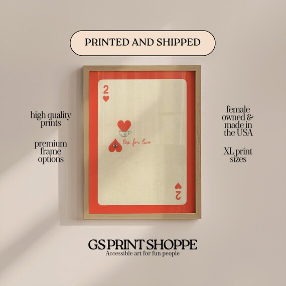 Tea for Two Two of Hearts Vintage Playing Card Whimsical Wall Art