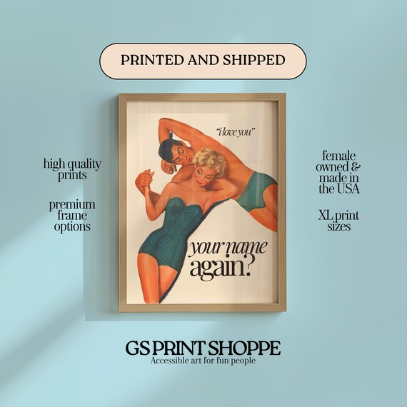 Your Name Again Funny Retro Swimsuit Couple Pinup Quote Art Poster