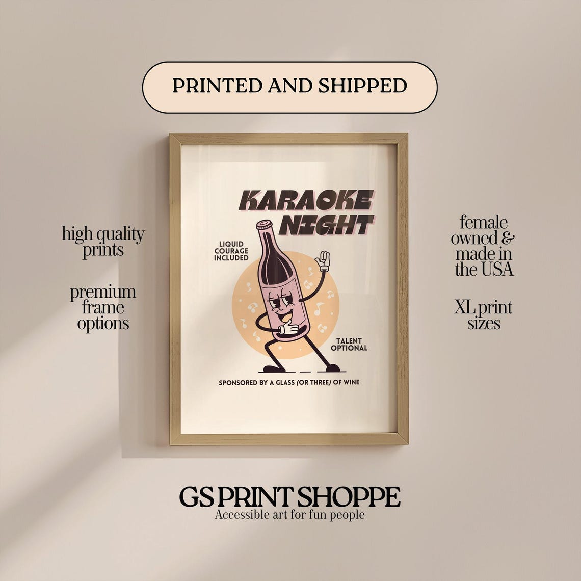 Karaoke Night Singing Wine Bottle Retro Funny Quote Art Print