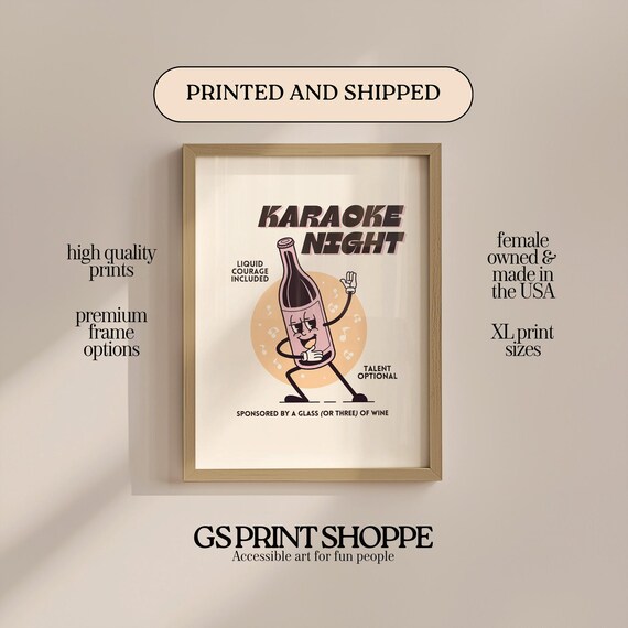 Karaoke Night Singing Wine Bottle Retro Funny Quote Art Print