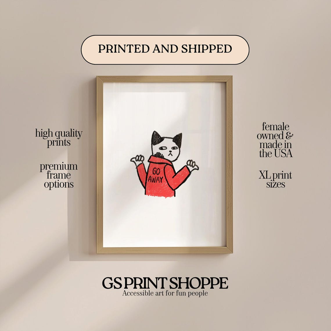 Go Away Funny Grumpy Cat in Red Hoodie Cartoon Doodle Poster