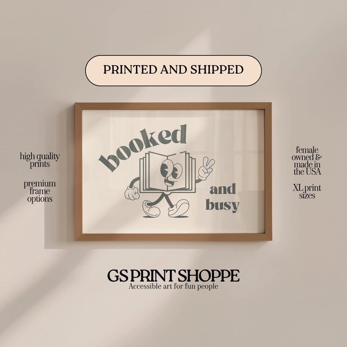 Booked and Busy Cute Book Character Retro Reading Quote Art Poster