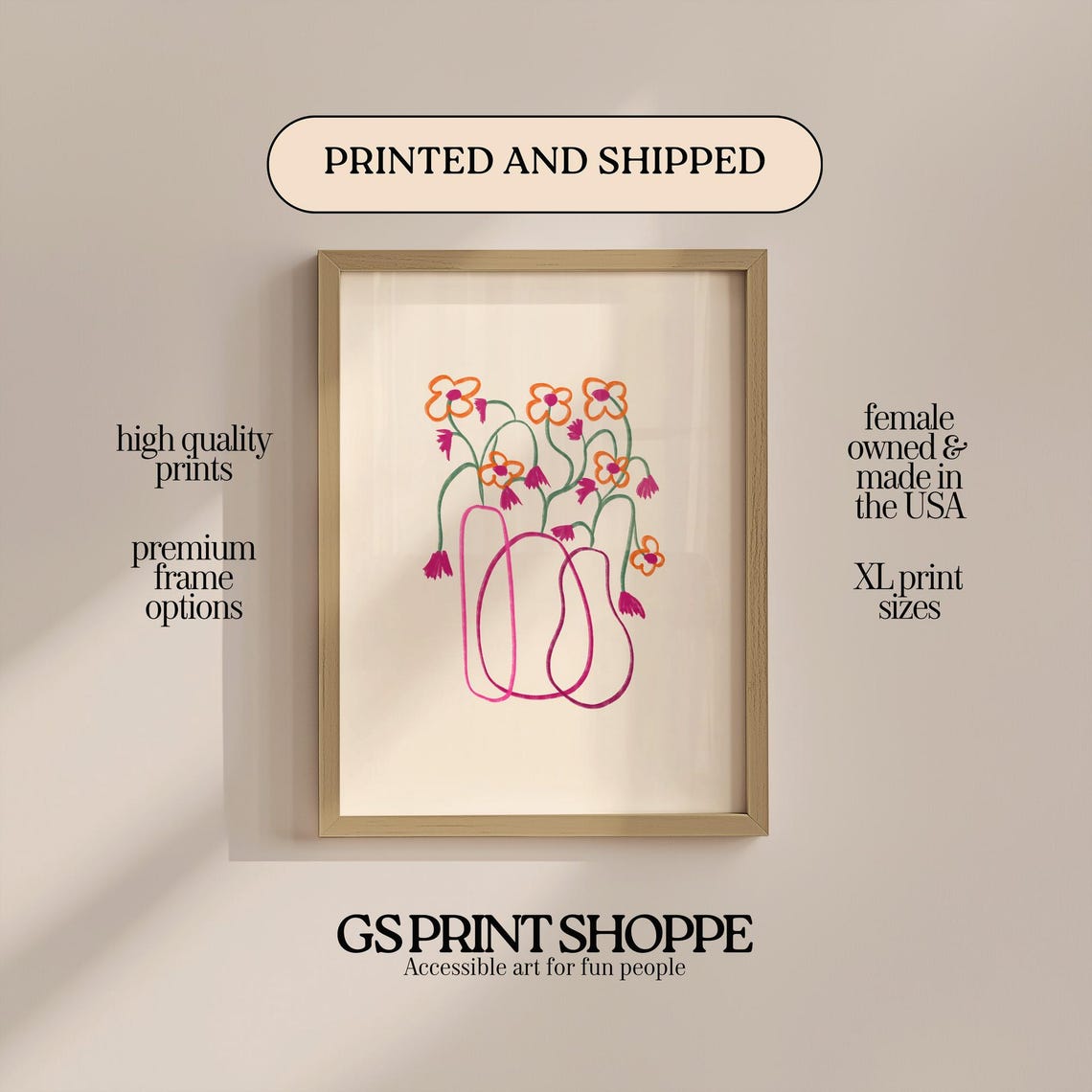 Hand Drawn Magenta Vase Floral Doodle Modern Botanical Line Poster