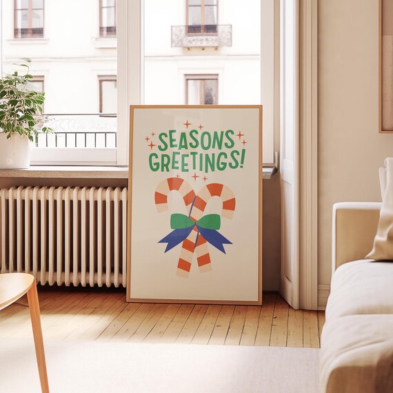 Seasons Greetings Christmas Poster Candy Cane Bow Holiday Decor