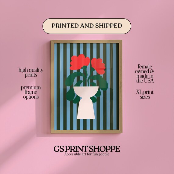 Bold Red Poppies In White Vase Blue Green Stripes Modern Poster