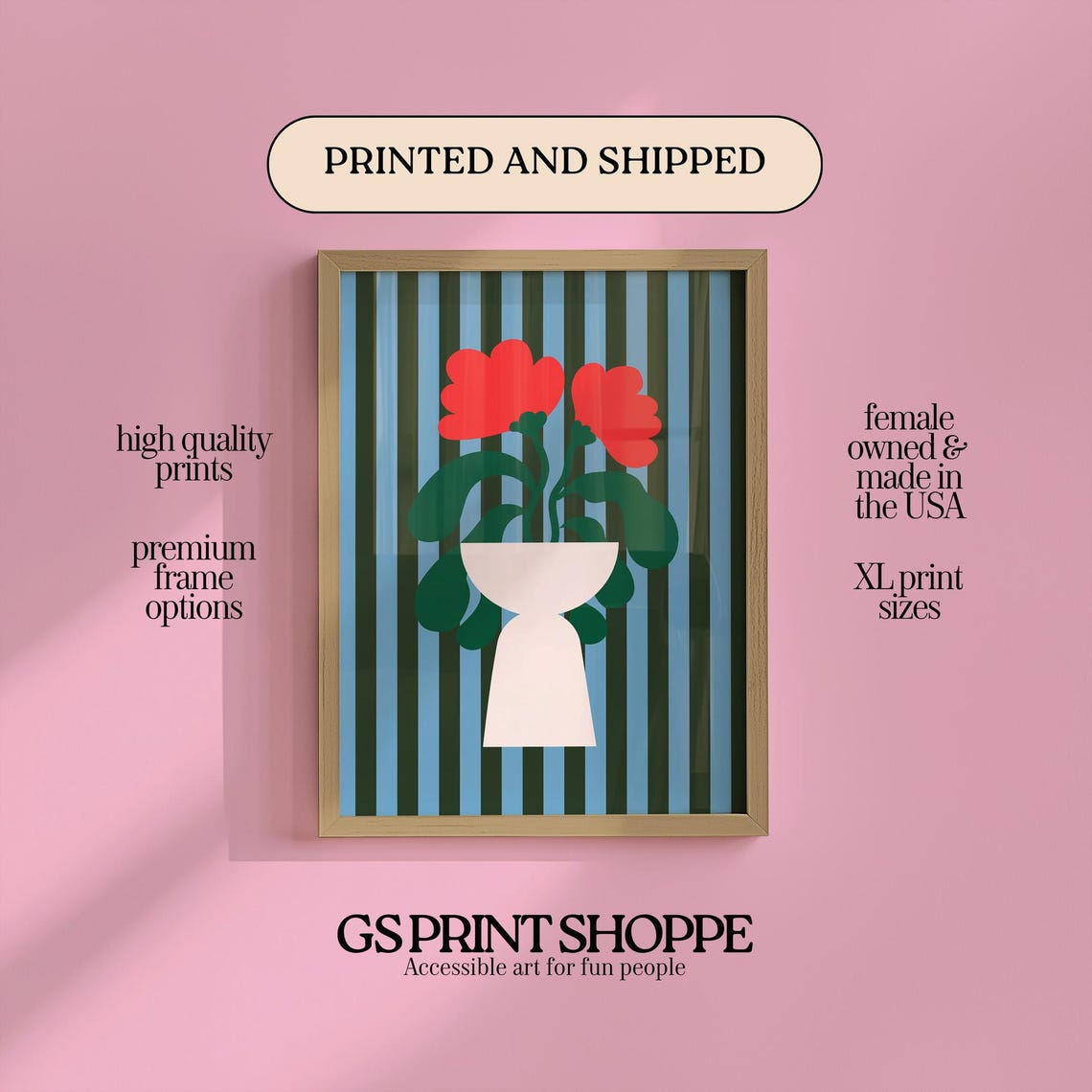 Bold Red Poppies In White Vase Blue Green Stripes Modern Poster