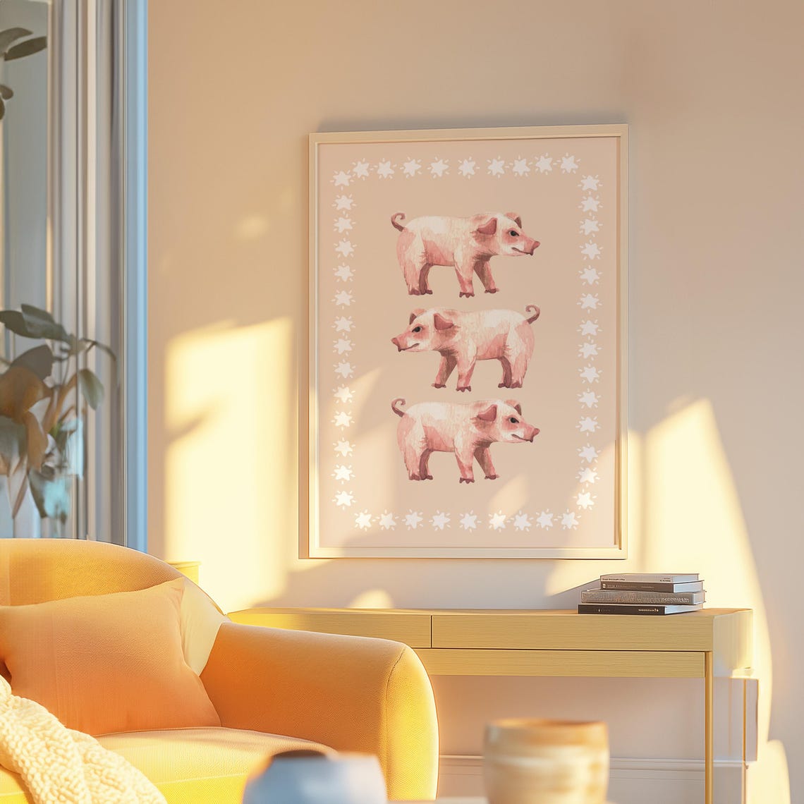 Three Pink Watercolor Piglets Star Border Animal Nursery Poster - Image 2