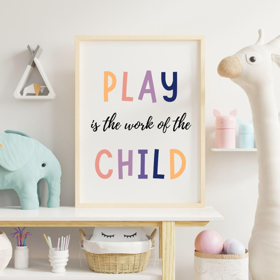 Play Is The Work Of The Child Pastel Nursery Quote Typographic Poster - Image 2