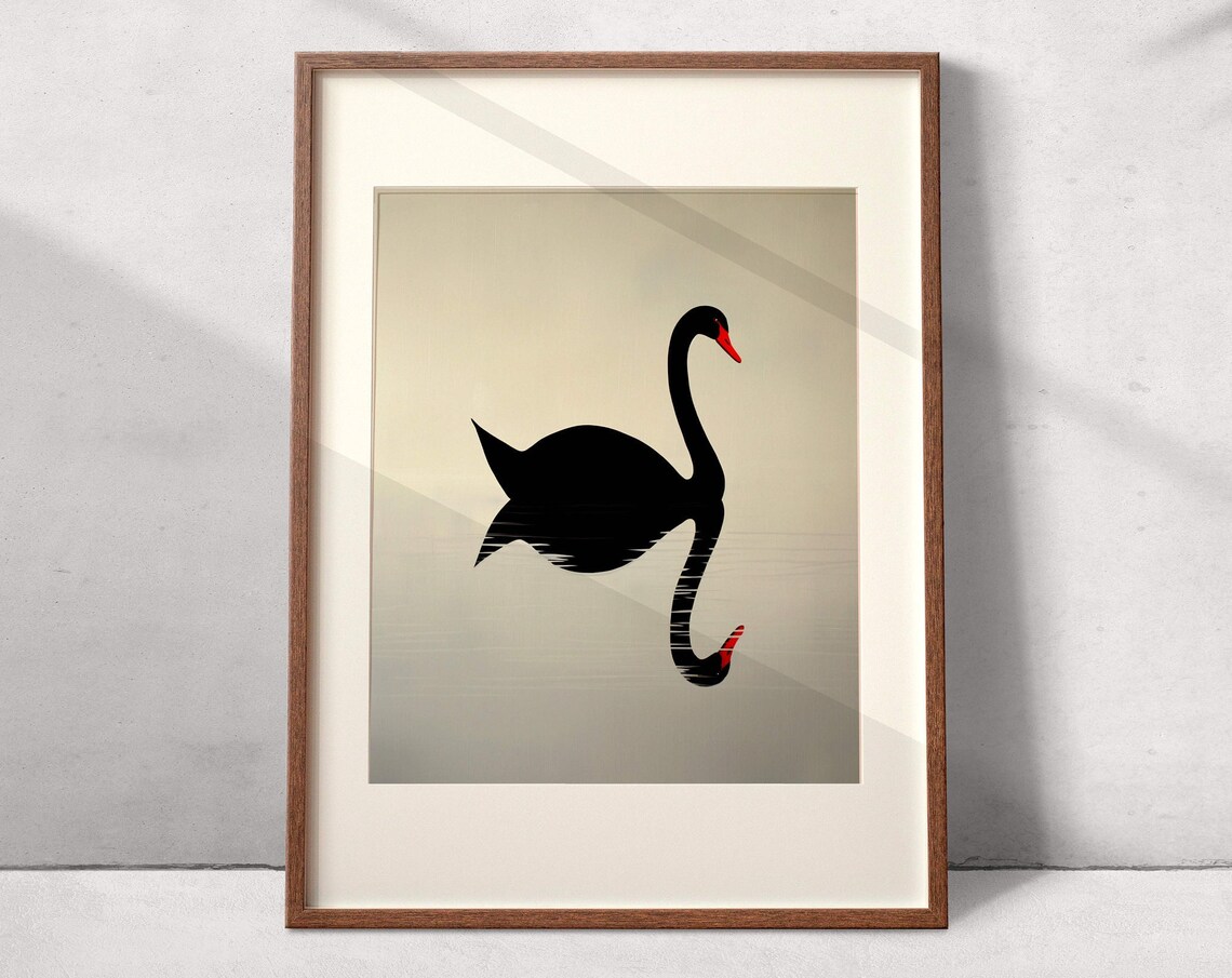 Elegant Black Swan Water Reflection Minimalist Bird Art Poster