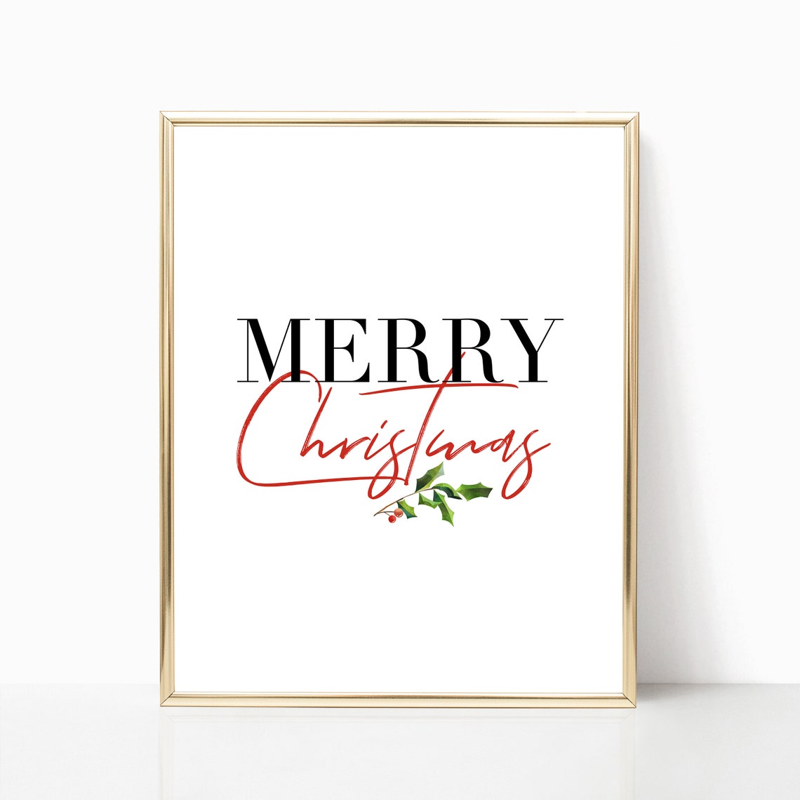 Merry Christmas Black Red Script Holly Minimalist Holiday Poster