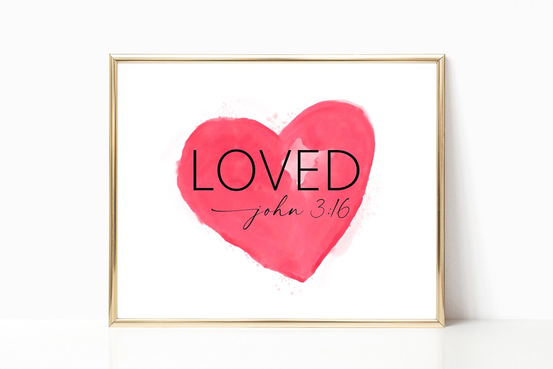 Loved John 3:16 Red Watercolor Heart Bible Verse Faith Wall Art