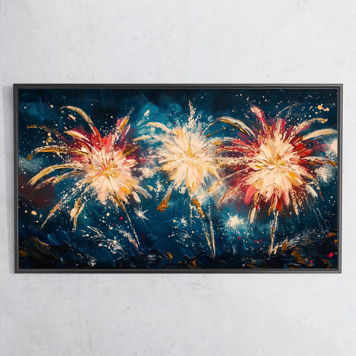 Golden Fireworks Teal Night Sky Painterly New Year Celebration Poster