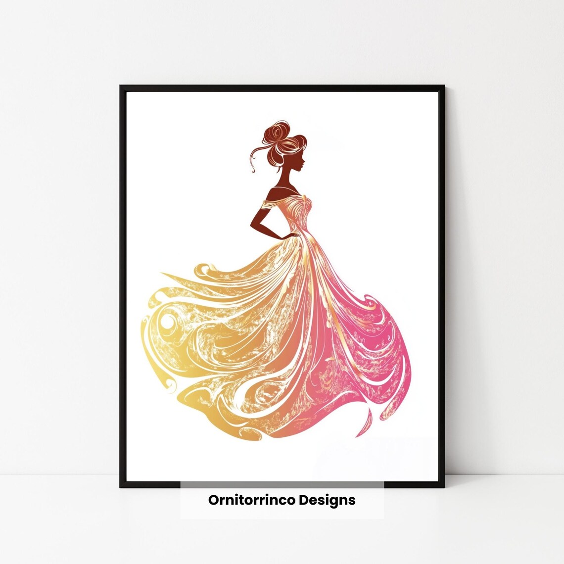 Gold Pink Ombre Princess Gown Silhouette Swirling Ballgown Poster - Image 3
