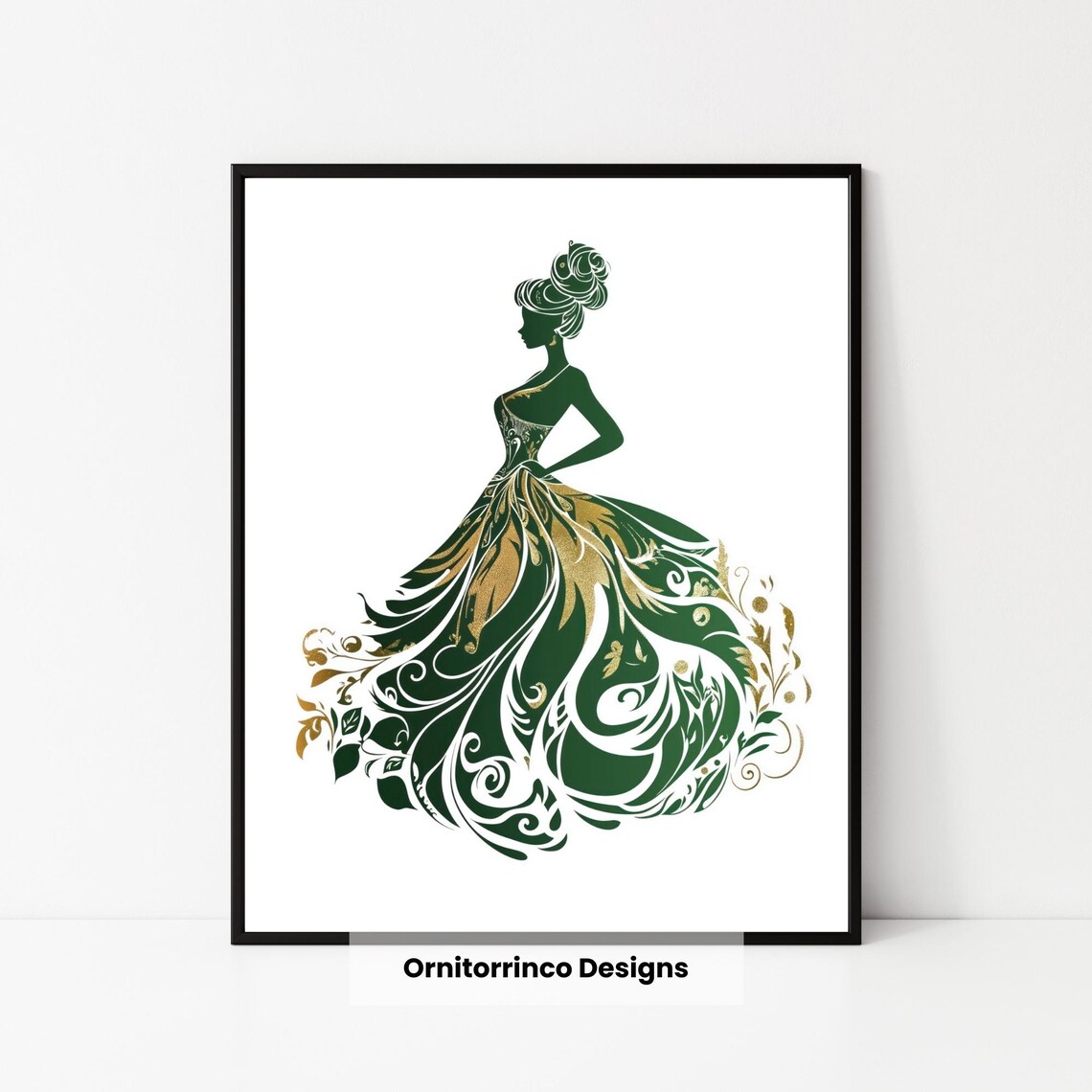 Emerald Green Gold Princess Gown Silhouette Elegant Nursery Poster - Image 3