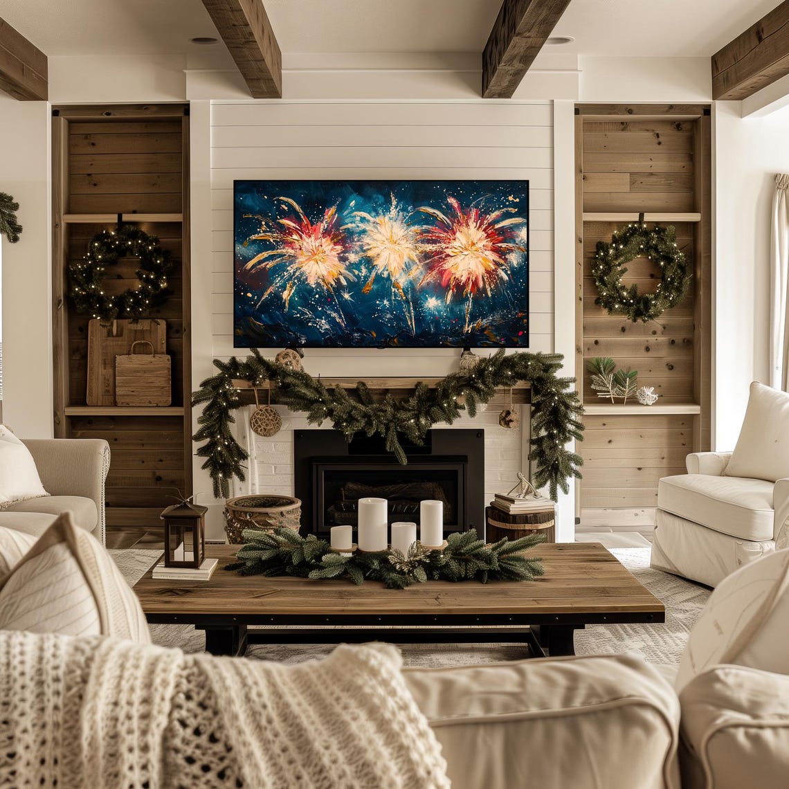 Golden Fireworks Teal Night Sky Painterly New Year Celebration Poster - Image 2