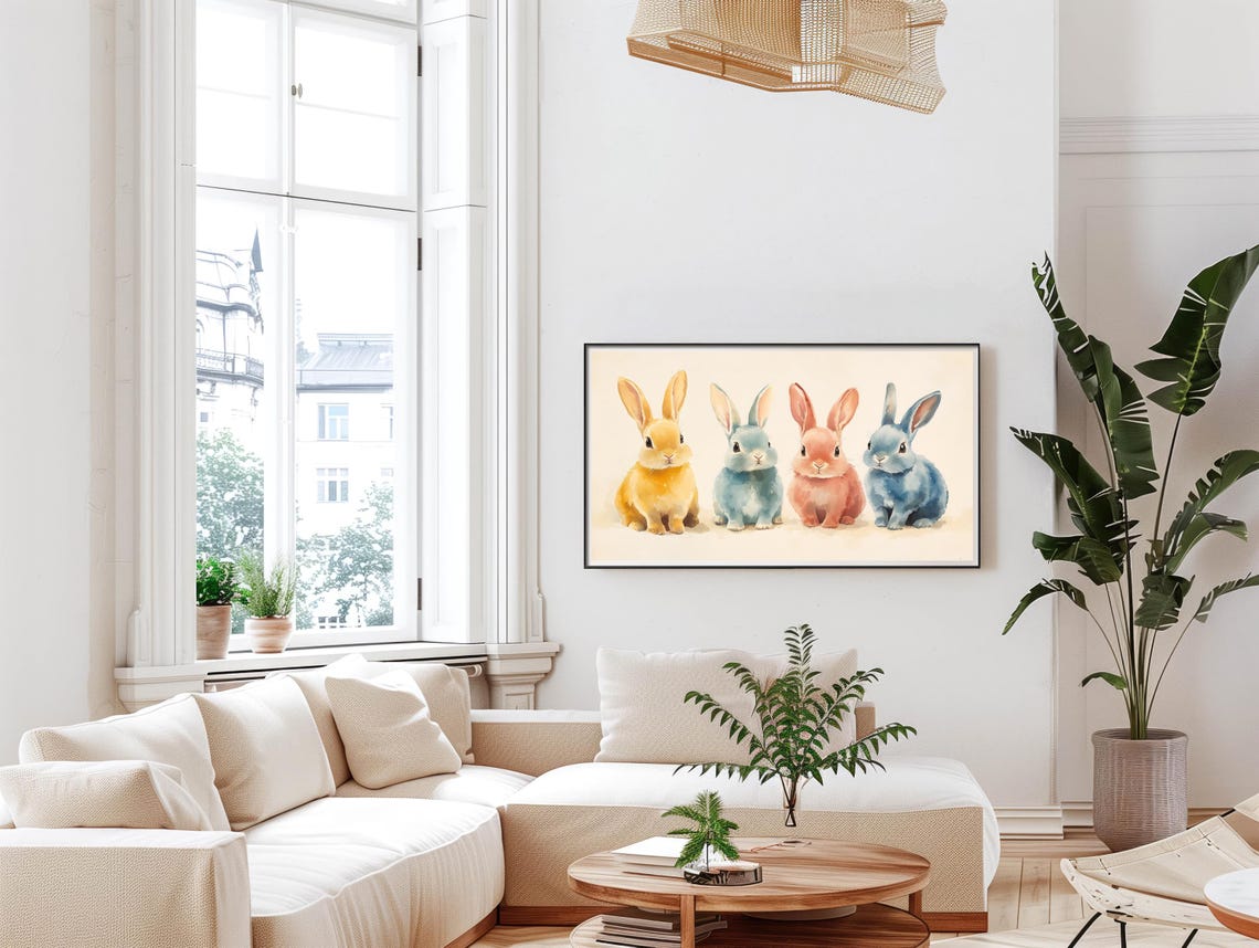 Four Pastel Easter Bunnies Watercolor Cute Spring Nursery Poster - Image 2