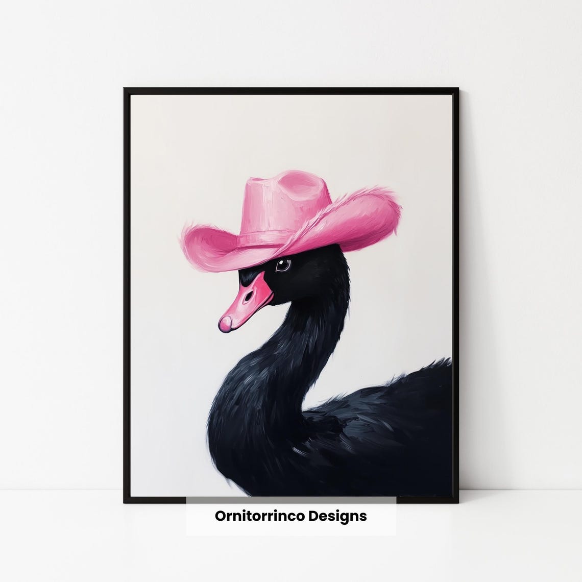 Black Swan Pink Cowboy Hat Western Style Whimsical Art Print Poster
