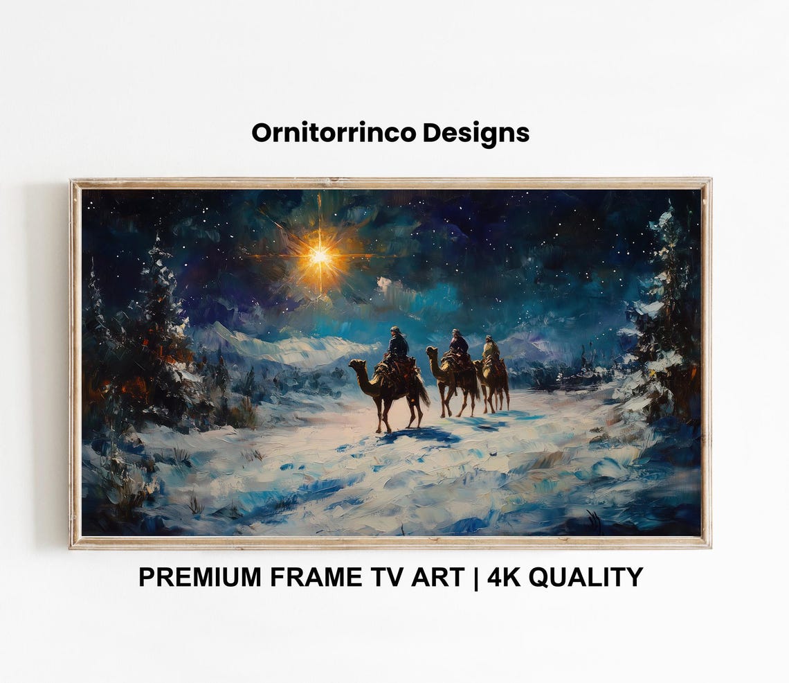 Three Wise Men Camels Starry Night Snowy Christmas Painting Poster