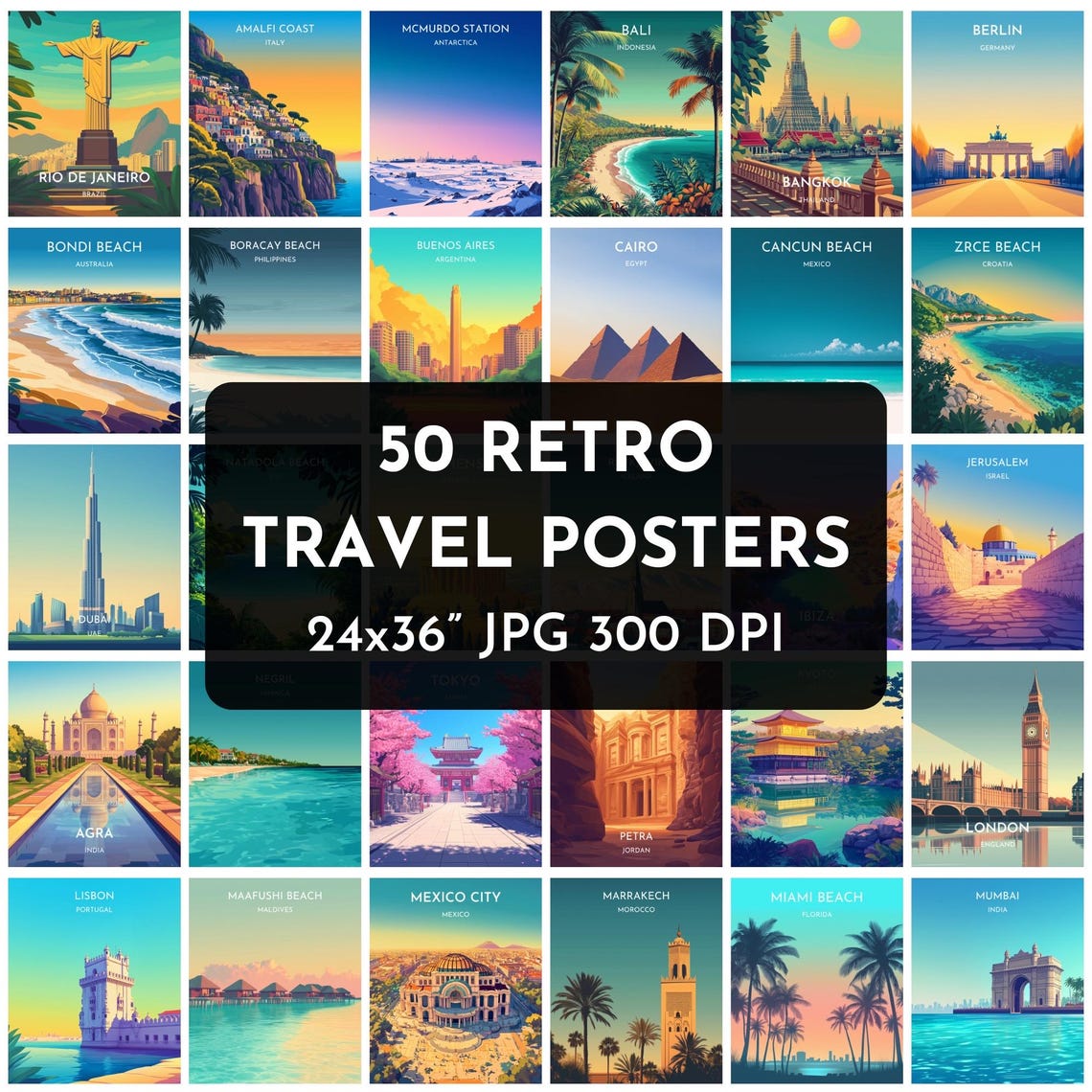 50 Retro World Travel Mega Bundle Vintage Cities Landmark Art Poster