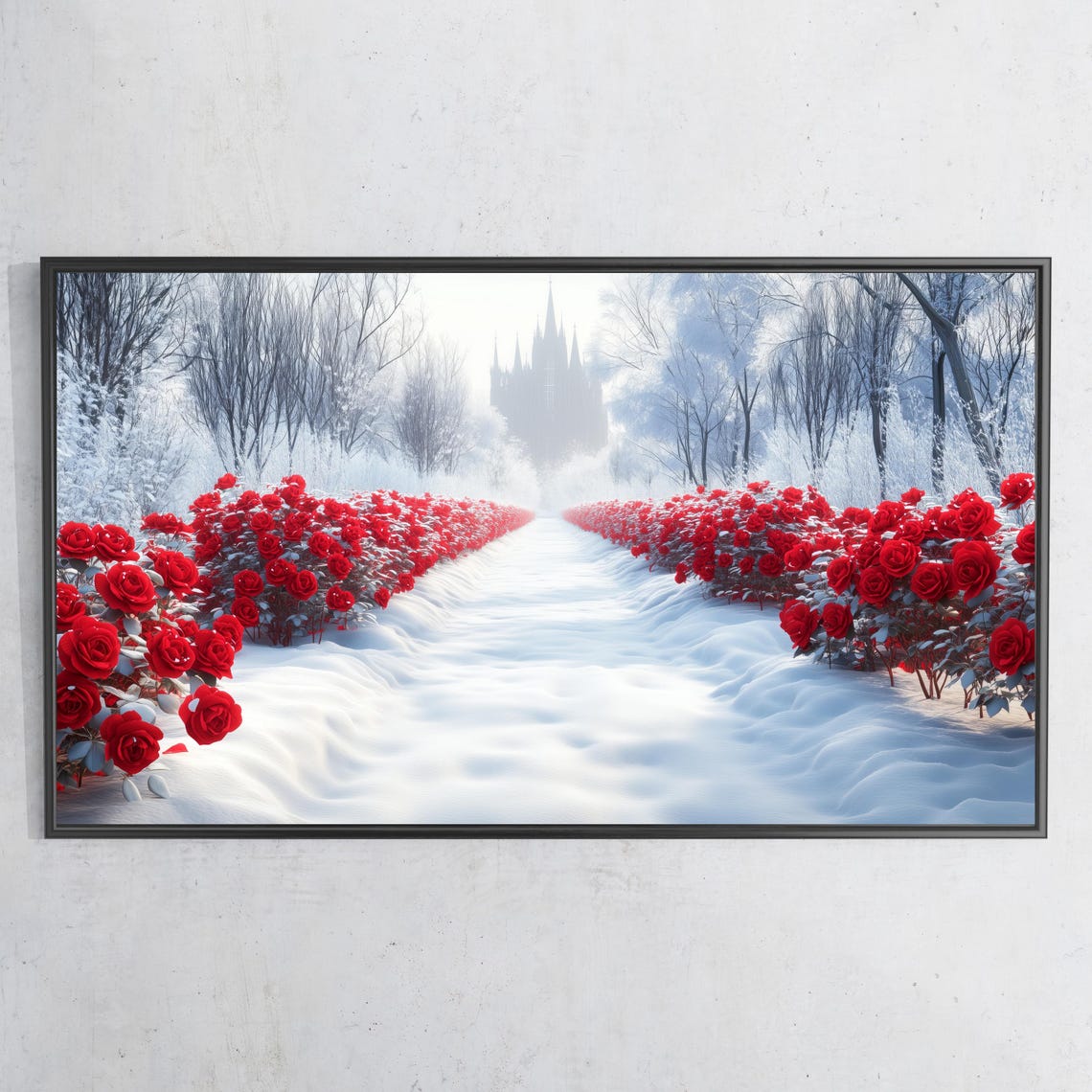 Winter Red Rose Snowy Path Forest Church Scene Romantic Wall Art