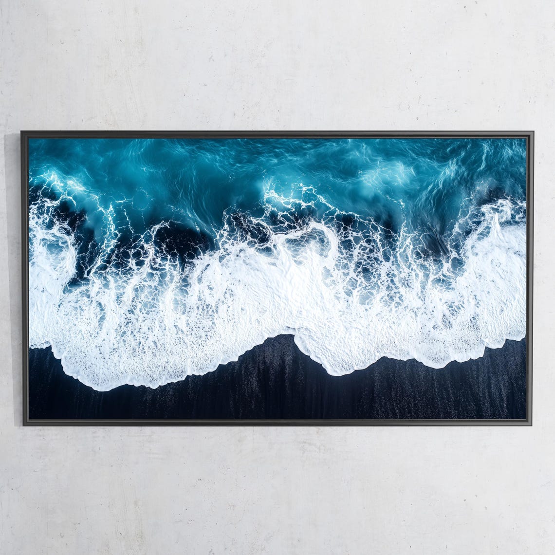 Aerial Ocean Waves Black Sand Beach Turquoise Surf Top View Poster