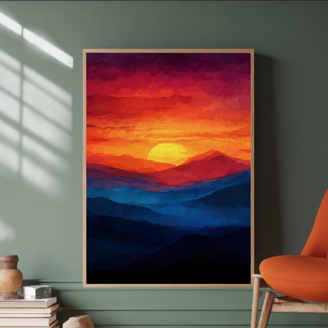 Dramatic Fiery Geometric Mountain Sunset Low Poly Wall Art Decor