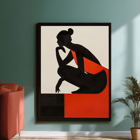 Black Silhouette Woman with Red Accent Abstract Graphic Art Print