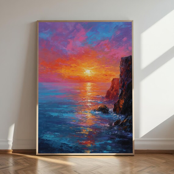 Dramatic Coastal Sunset Painting Print Vibrant Ocean Cliff Seascape Wall Art Impressionist Bold