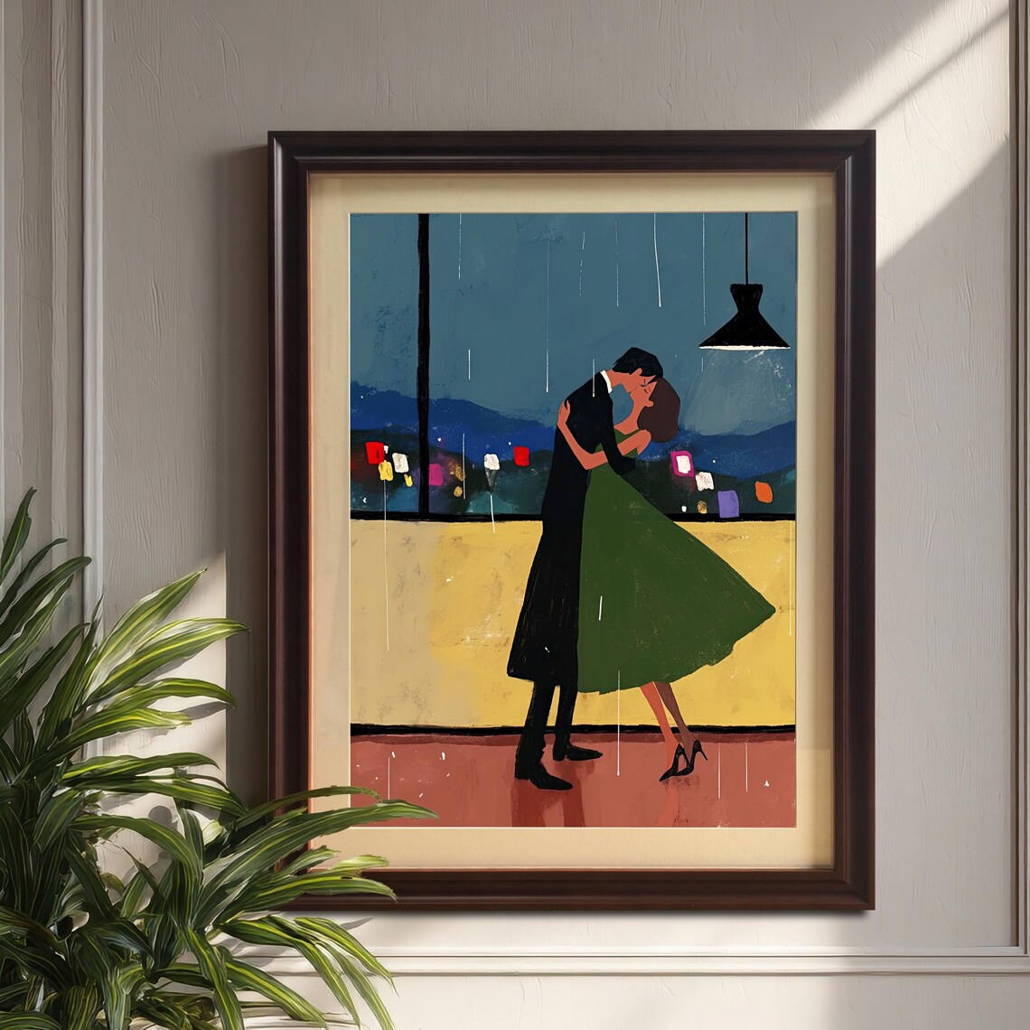 Romantic Couple Dancing in Rain City Lights Night Illustration Poster