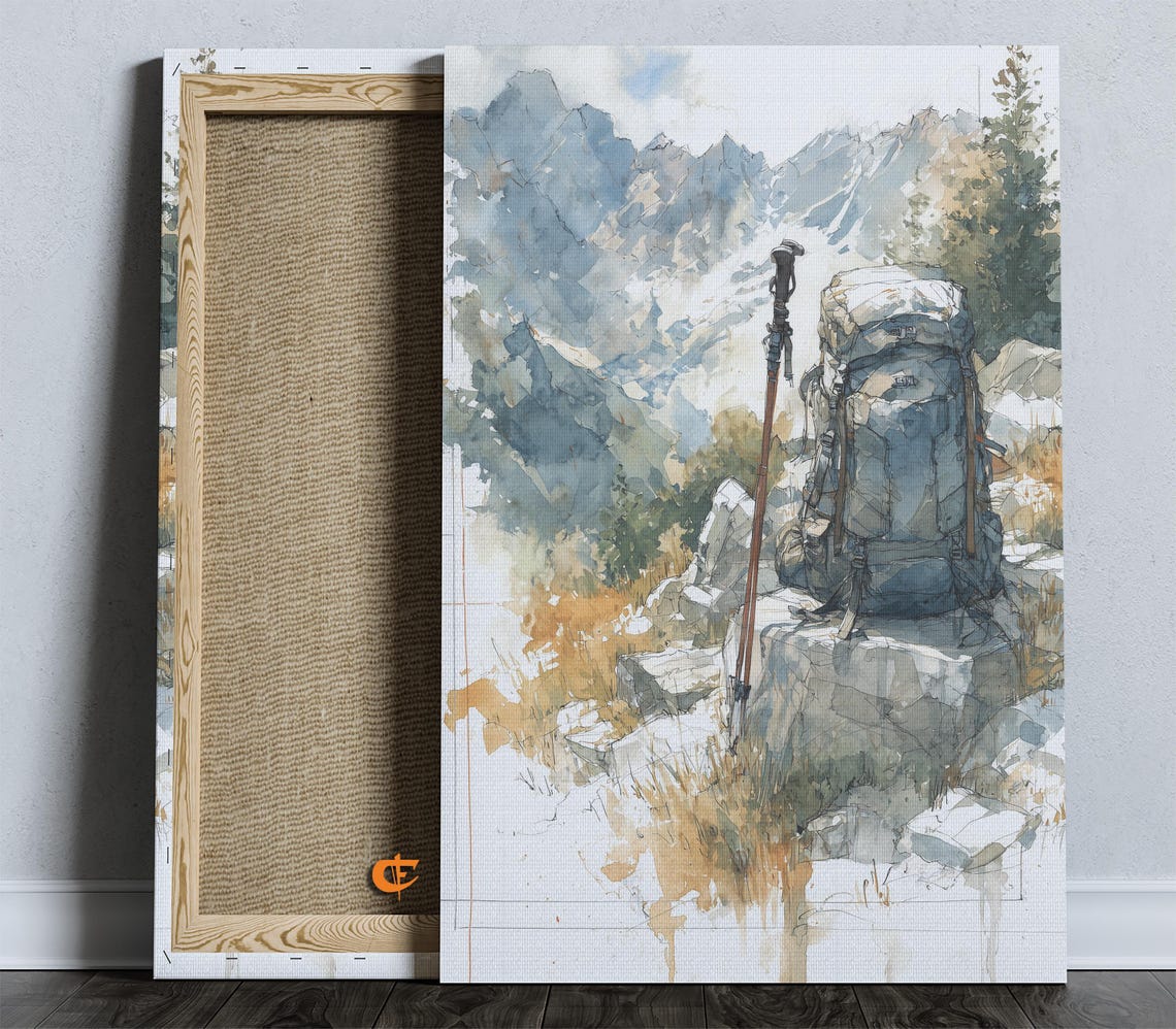 Watercolor Hiking Backpack and Pole Resting on Alpine Rocks Art Print