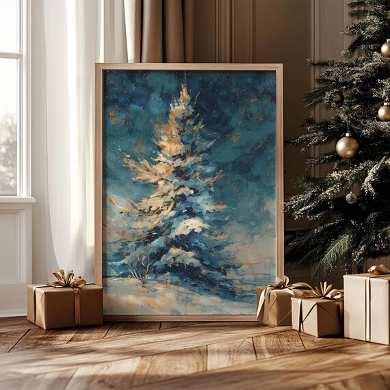 Winter Pine Starry Night Sky Blue Gold Impressionist Christmas Art Poster