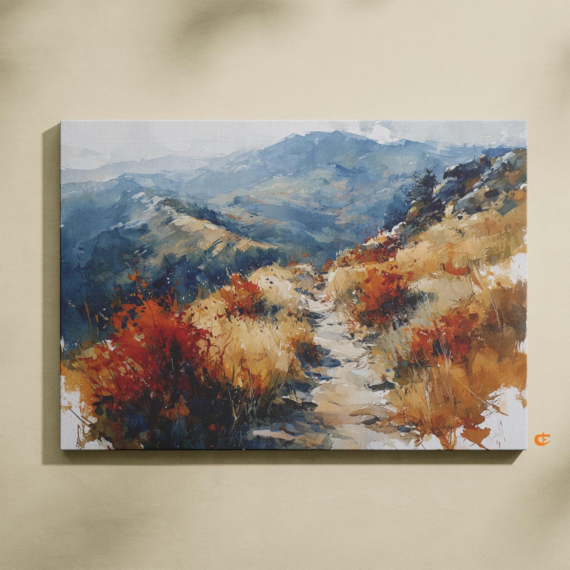 Rustic Fall Mountain Trail Painting Watercolor Landscape Art Earthy Autumn Scene Narrow Hiking Path Wall Decor 923
