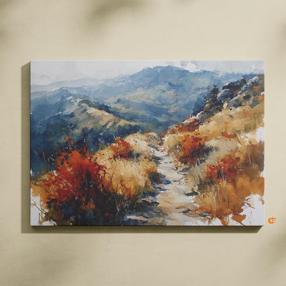 Rustic Fall Mountain Trail Painting Watercolor Landscape Art Earthy Autumn Scene Narrow Hiking Path Wall Decor 923