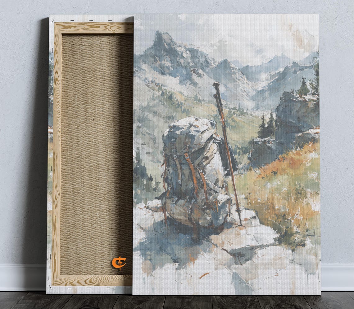 Hiking Backpack Trekking Poles Mountain Summit Adventure Art Poster